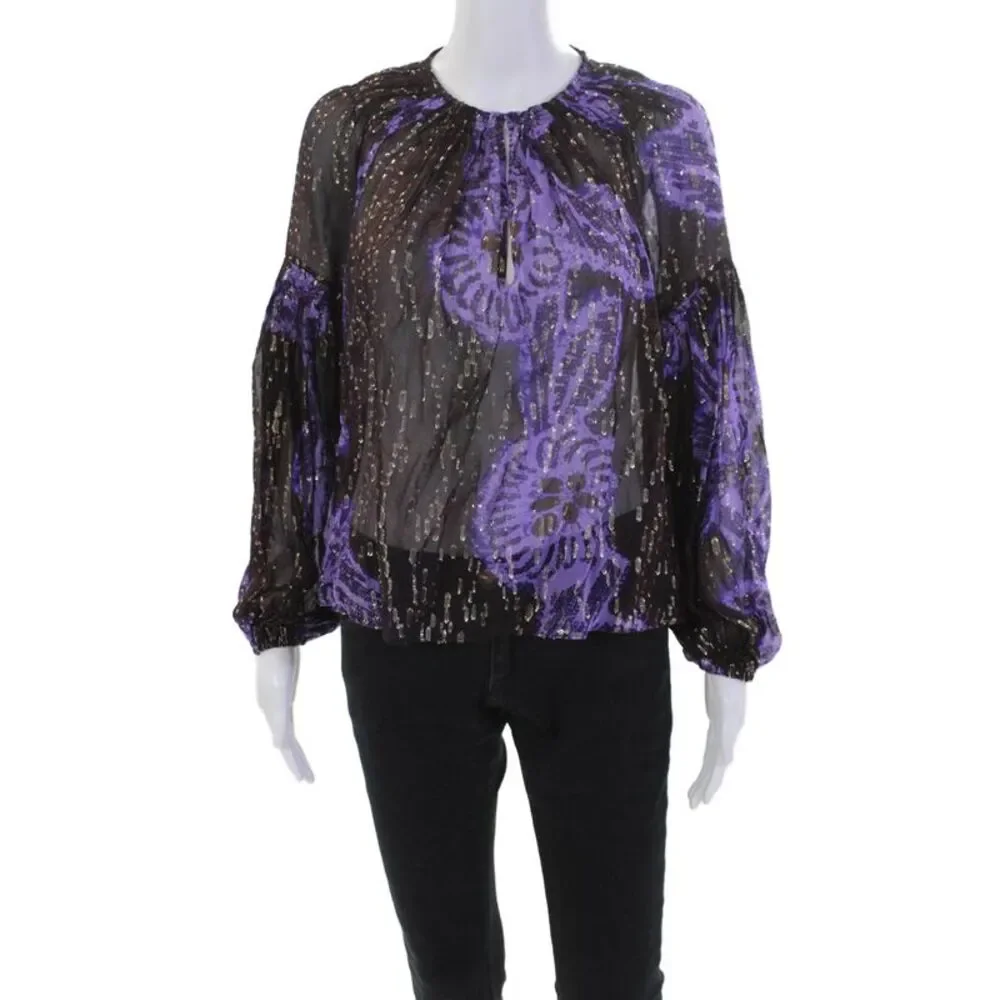Ulla Johnson Womens Silk Abstract Print Long Sleeves Blouse Multi Colored Size 4